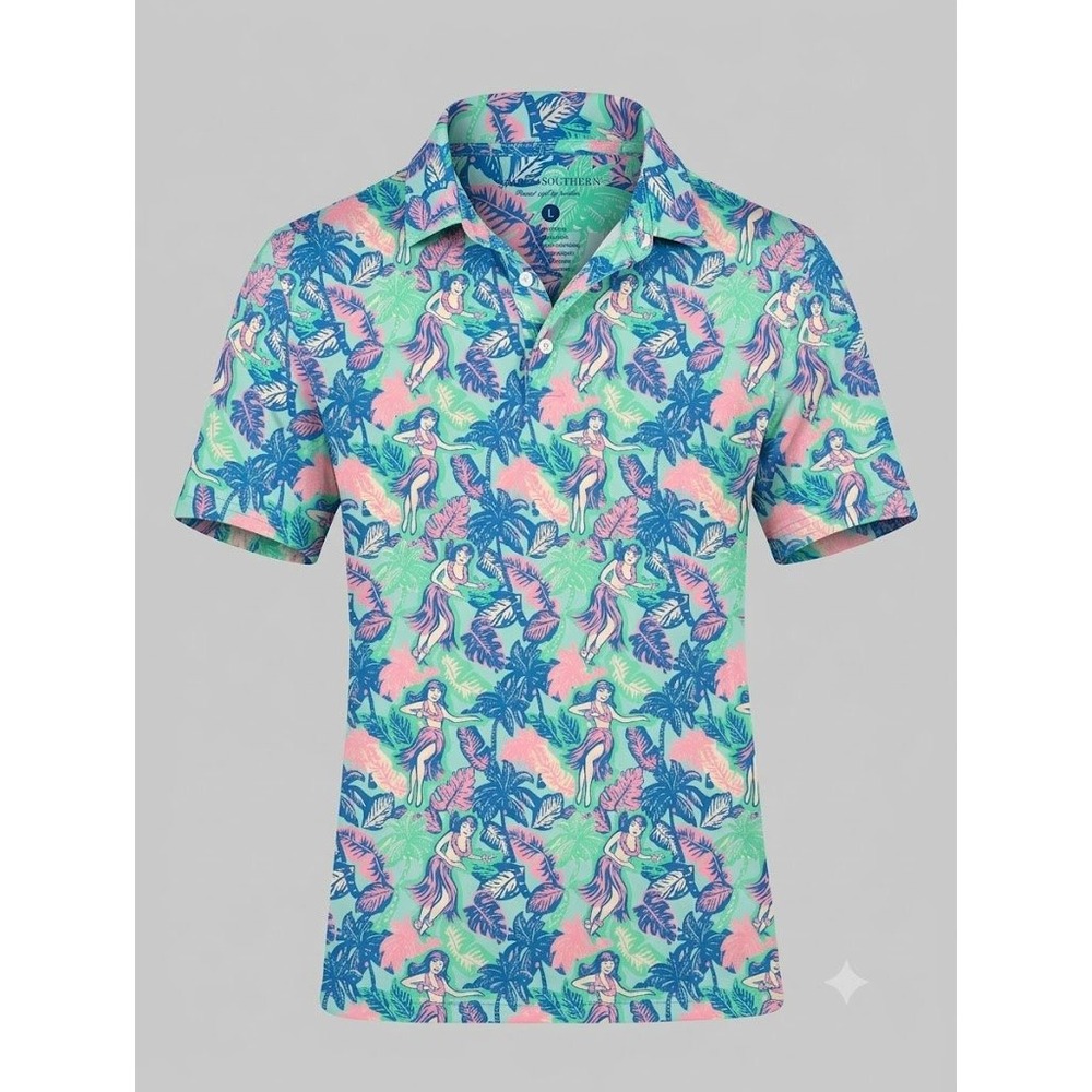 Simply Southern Mens Performance Polo Shirt L Hula Girl Tropical Pink Blue Green